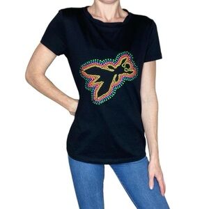 Patrizia Pepe Black Colorful Beaded Nature Bug Fly Graphic Tee